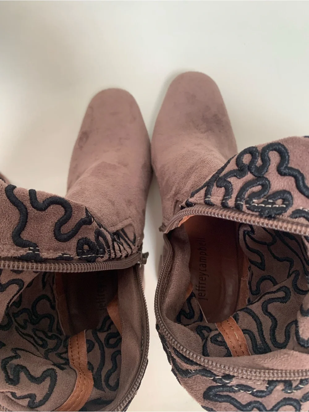Jeffrey Campbell Cienage Taupe Over-the-Knee Embroidered Block Heel Boots Suede